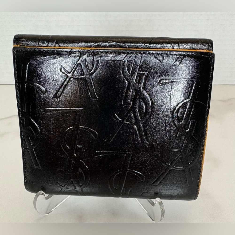 YSL Yves Saint Laurent Embossed  Black /Yellow Leather Compact Wallet - Picture 3 of 9